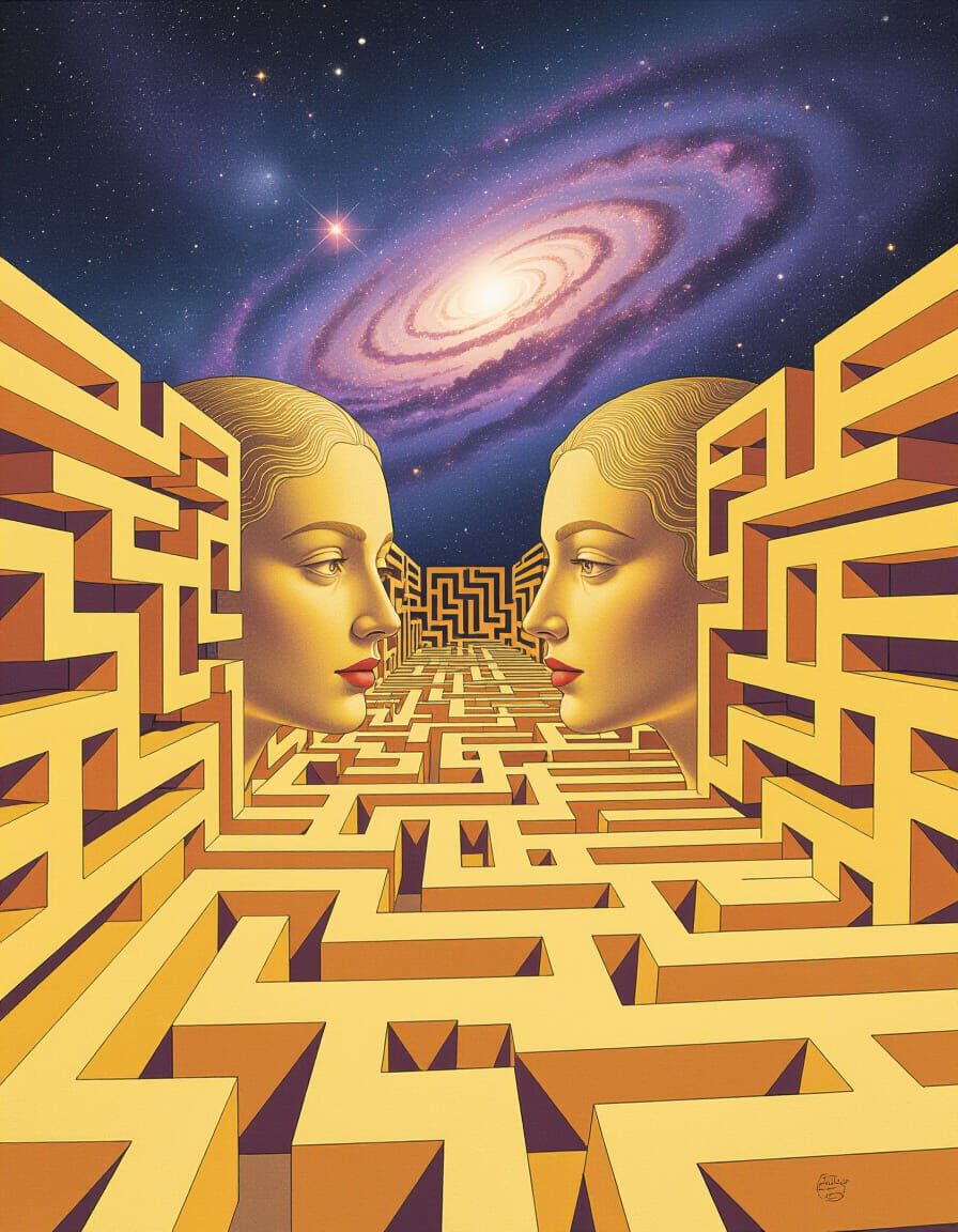 Female Faces in Colorful Surreal 3D Maze