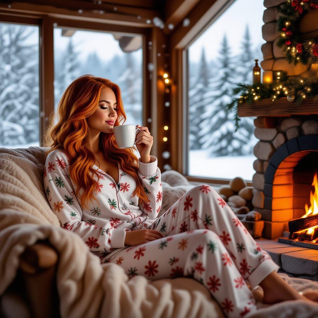 Festive Woman Relaxing in Cozy Winter Cabin as Heartwarming ...