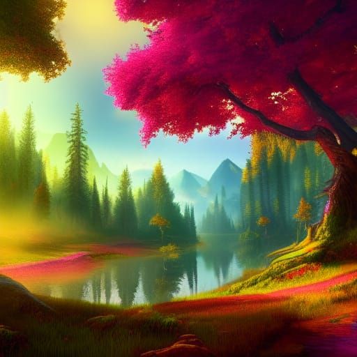 Vibrant Landscape with Colorful Trees in Matte Painting