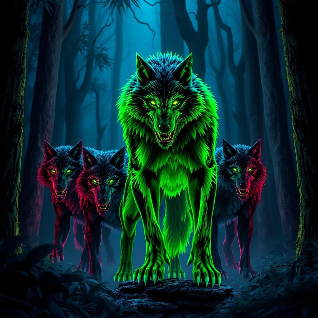 Majestic Neon Werewolf Leads His Loyal Coven in the Dark Woo...
