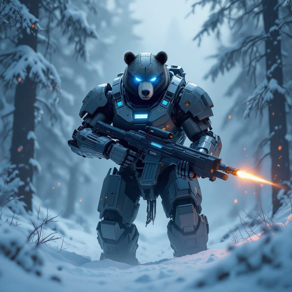 Robot Bear Hunter in Snowy Forest Digital Matte Painting