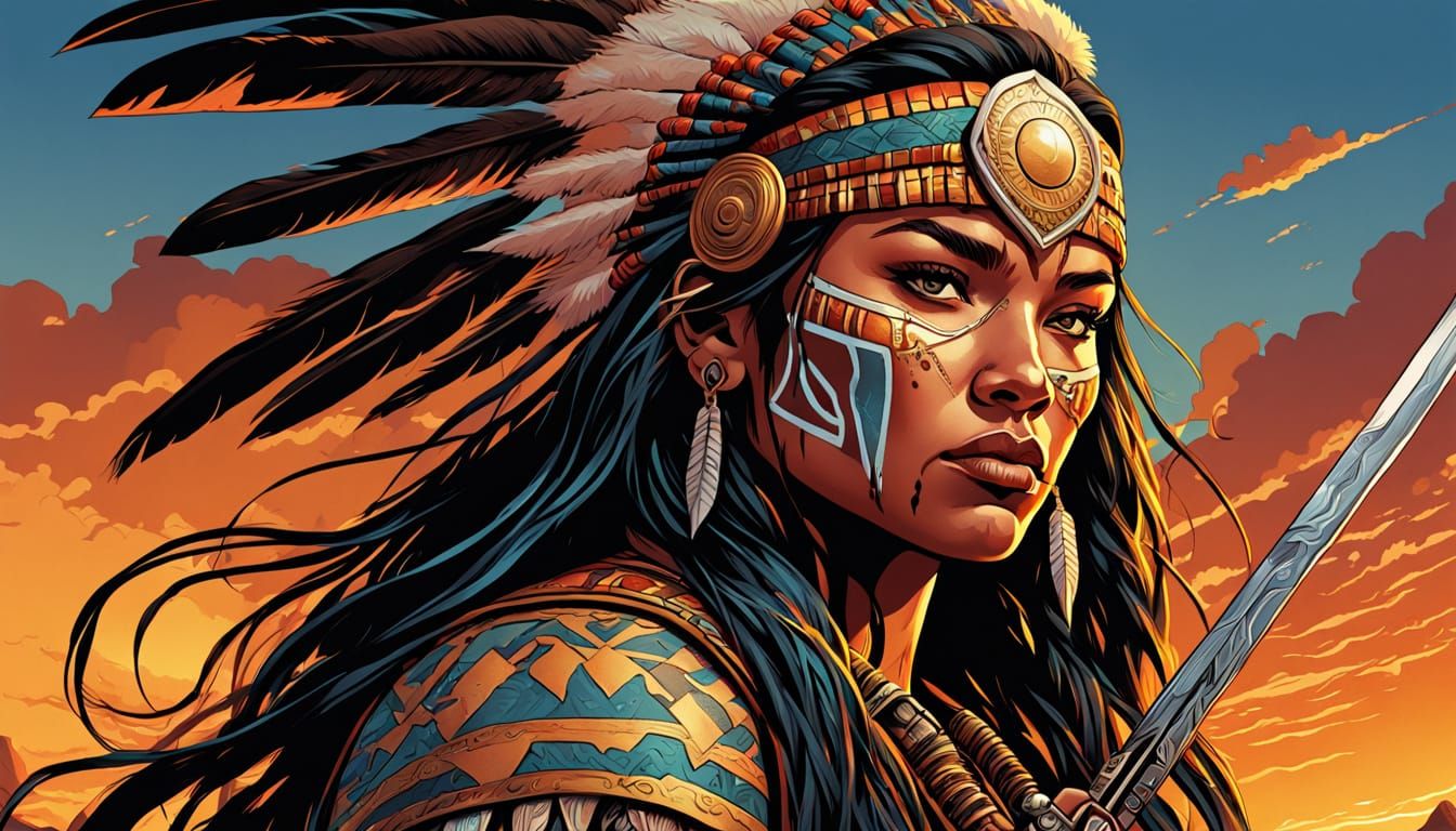 Native American Warrior Woman in Comic Book Style