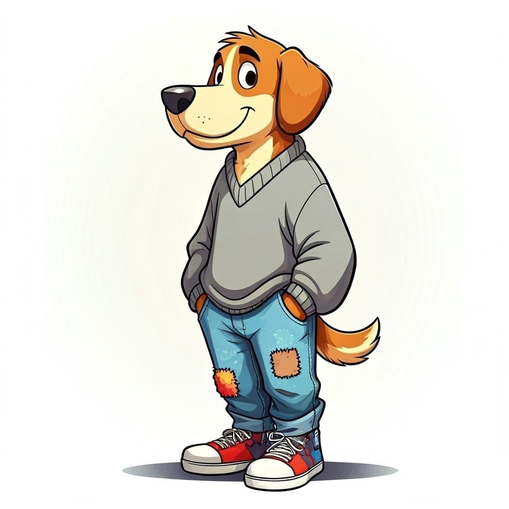 Friendly Cartoon Dog with Vibrant Sweater and Sneakers