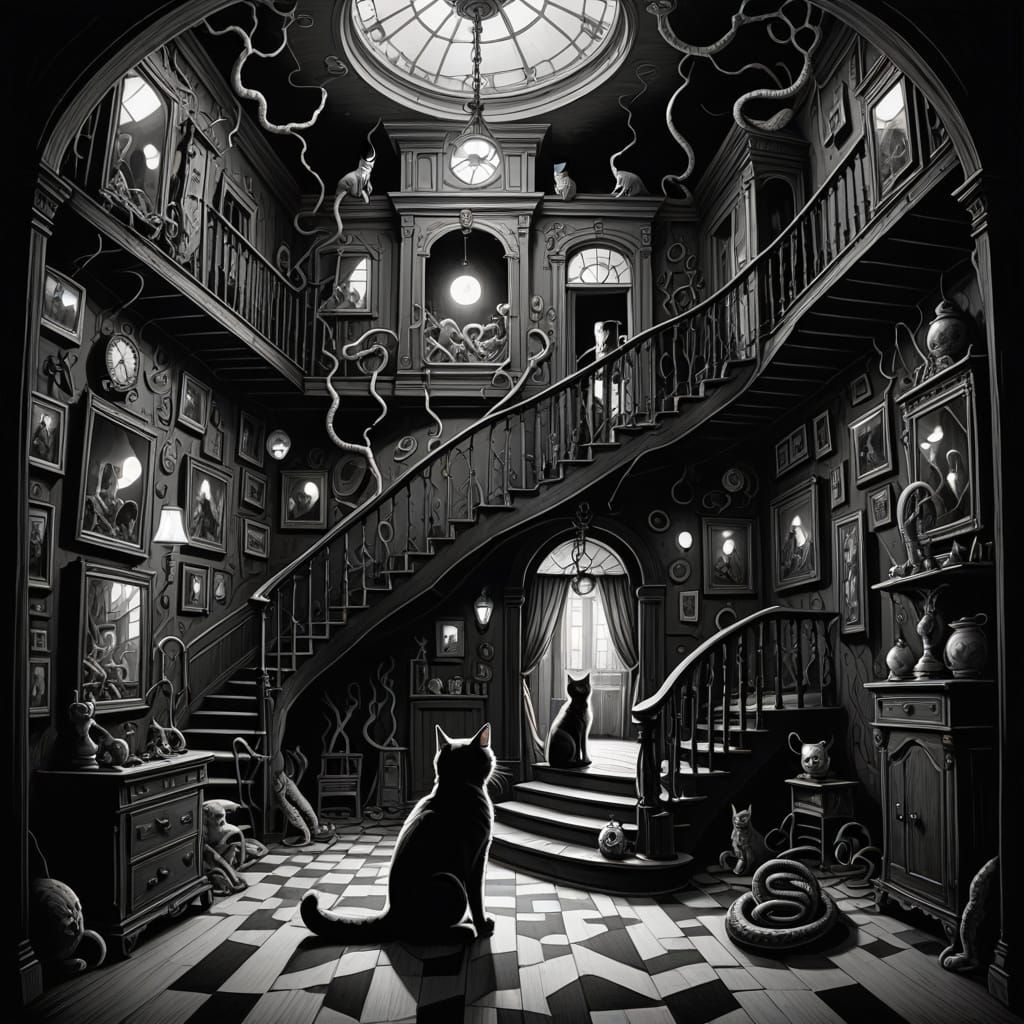 Cat in Surreal Dollhouse Pencil Sketch