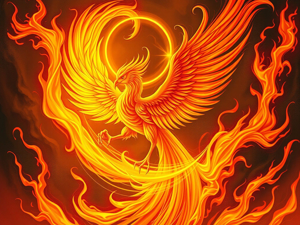 Phoenix Rising from Flames in Dreamlike Style