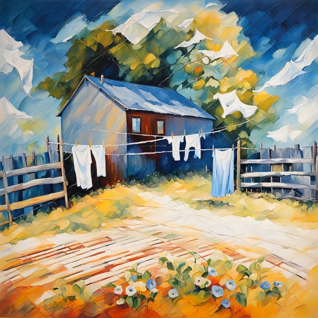 Expressionist Laundry with Morning Glories in Rainbow Colors