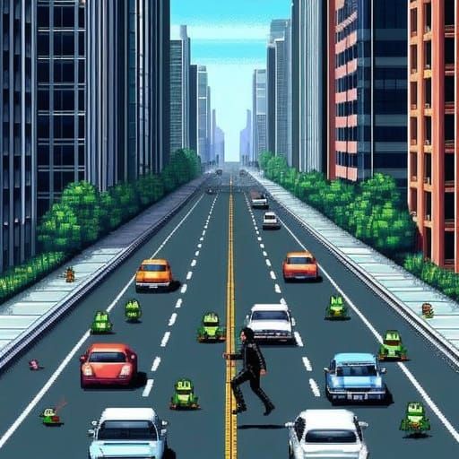 John Wick in a Pixel Frogger Game