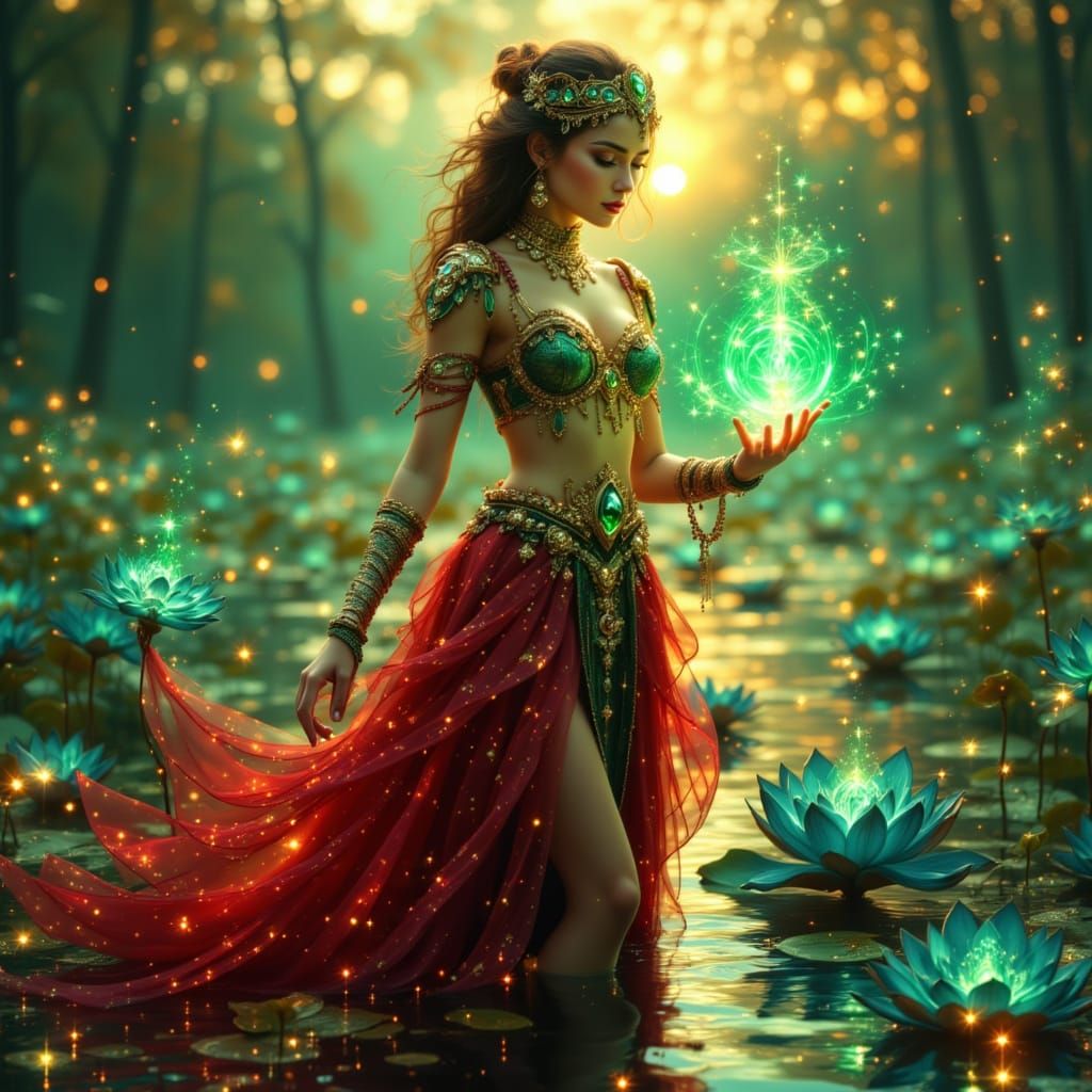 Warrior Enchantress Casting Spell Amidst Glowing Lotuses