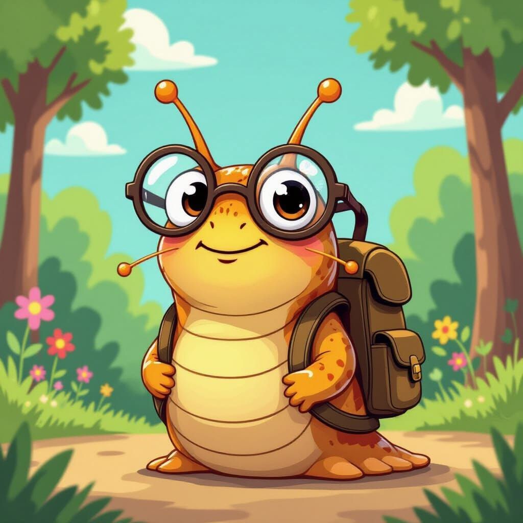 Curious Snail with Backpack in Cartoon Style