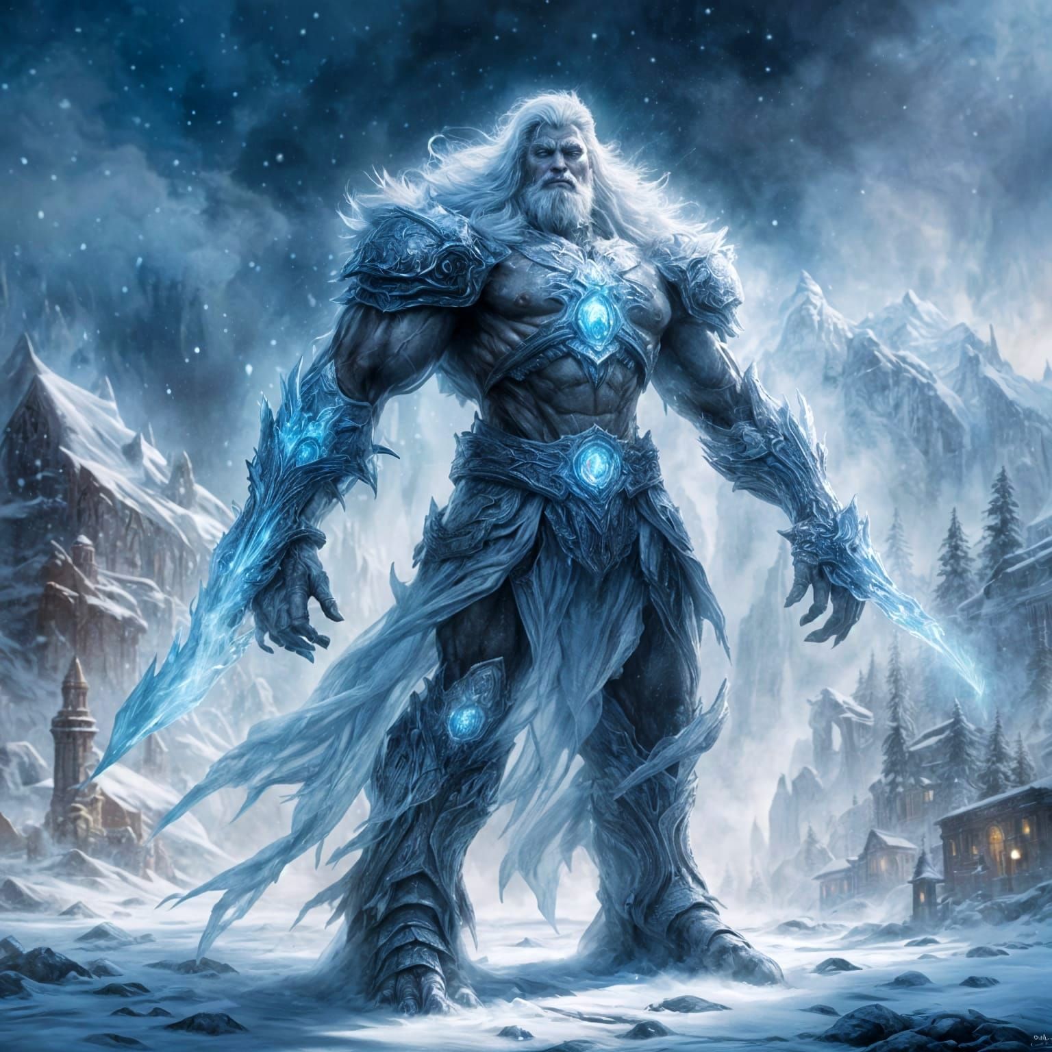 Ethereal Ice Titan Emerges from Cosmic Blizzard