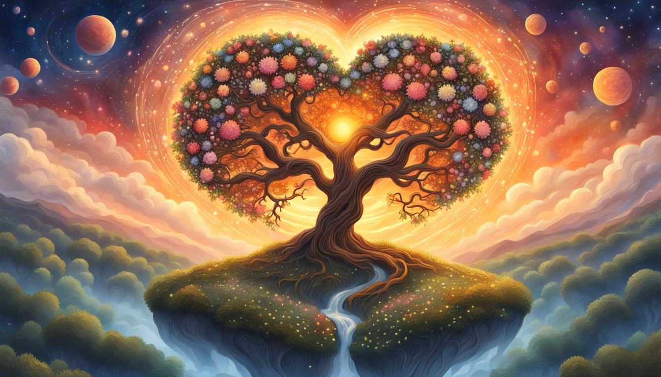 Ornate Heart-Shaped Yggdrasil Tree at Sunset