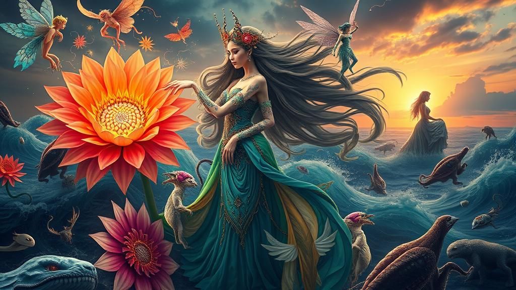 Squarepants Woman in Gaia Surrounded by Mythical Creatures