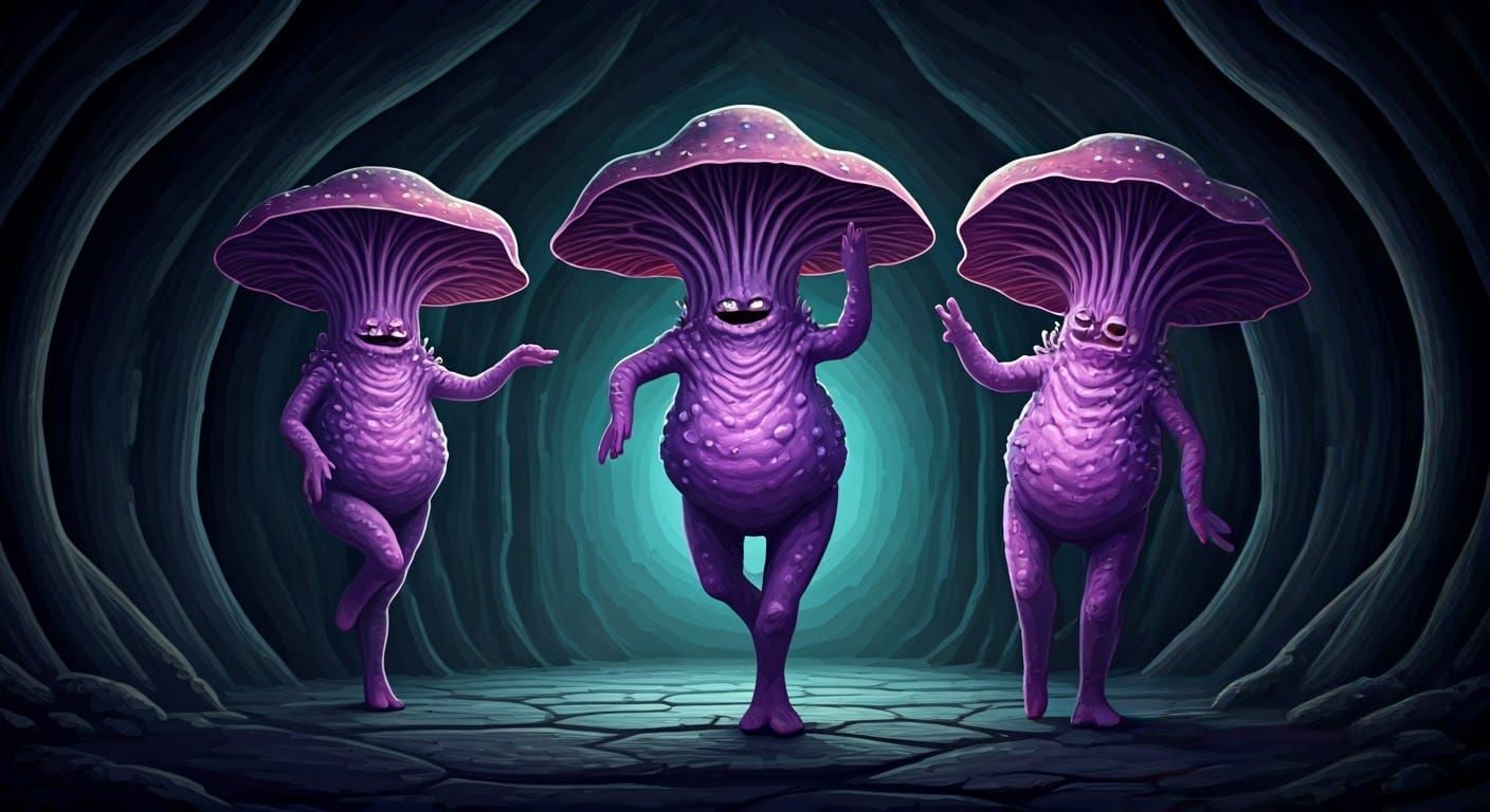 Ethereal Fungi Creatures Dance in Mysterious Darkness