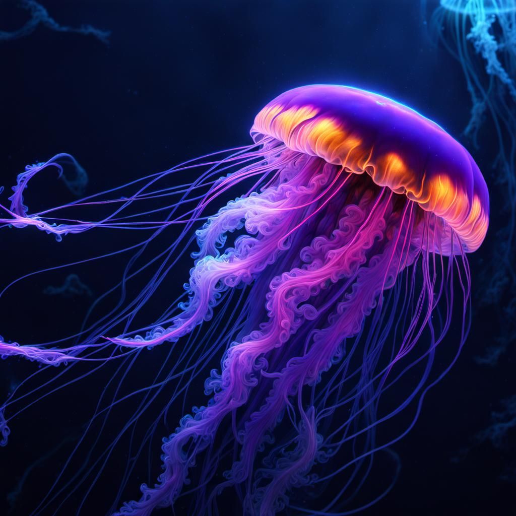Neon Bioluminescent Jellyfish and Man-o-War in Darkness