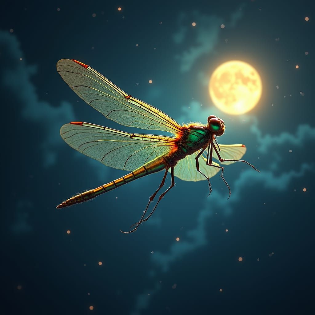 Iridescent Dragonfly in Velvety Night Sky