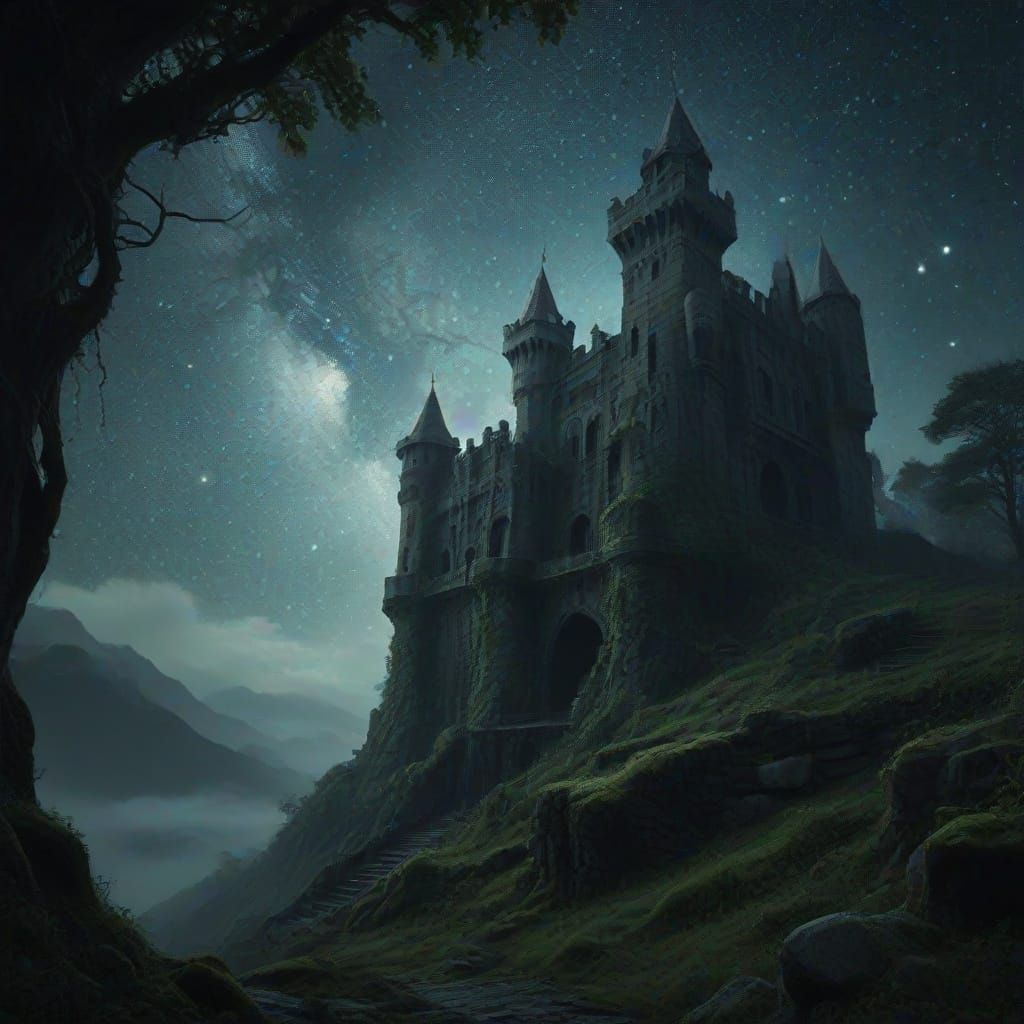 Ancient Castle Under Otherworldly Constellations in Dark Fan...