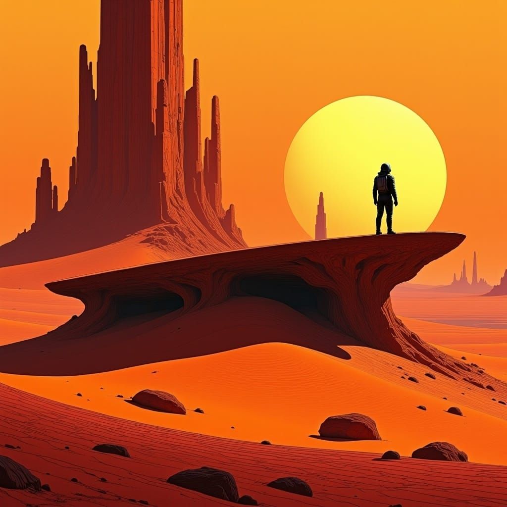 Explorer in Exosuit at Desert Outpost, Moebius Style