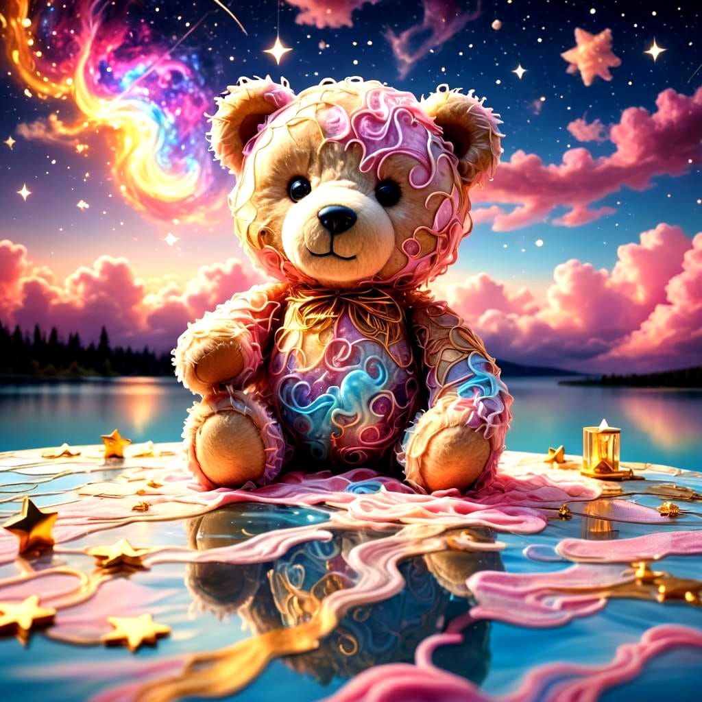 Cosmic Teddy Bear on Cabin Porch in CGI