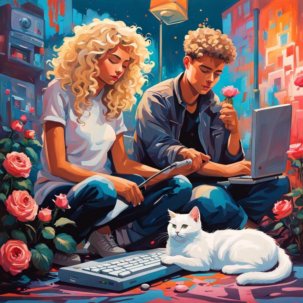 Enthusiastic Gamers in a Colorful Synthwave Scene