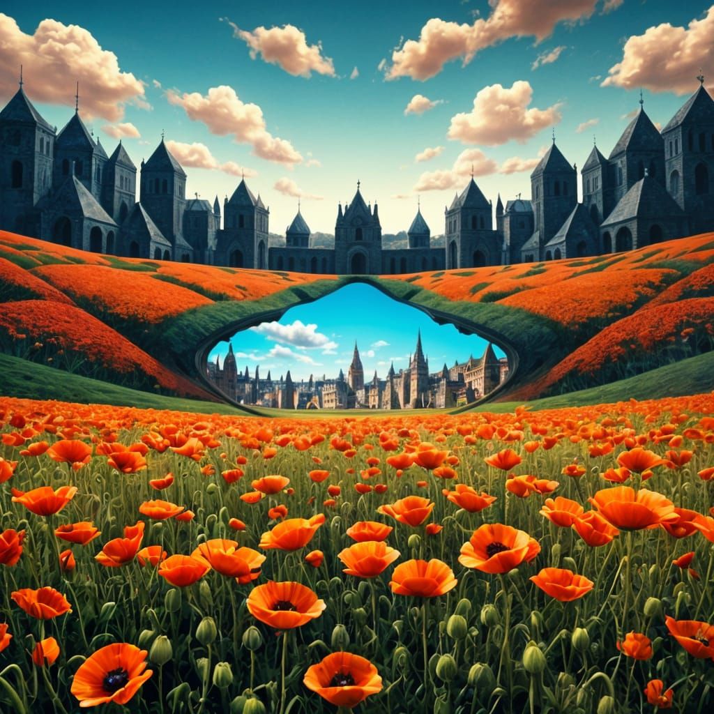 Surreal Gothic Poppy Field with Abstract Depth