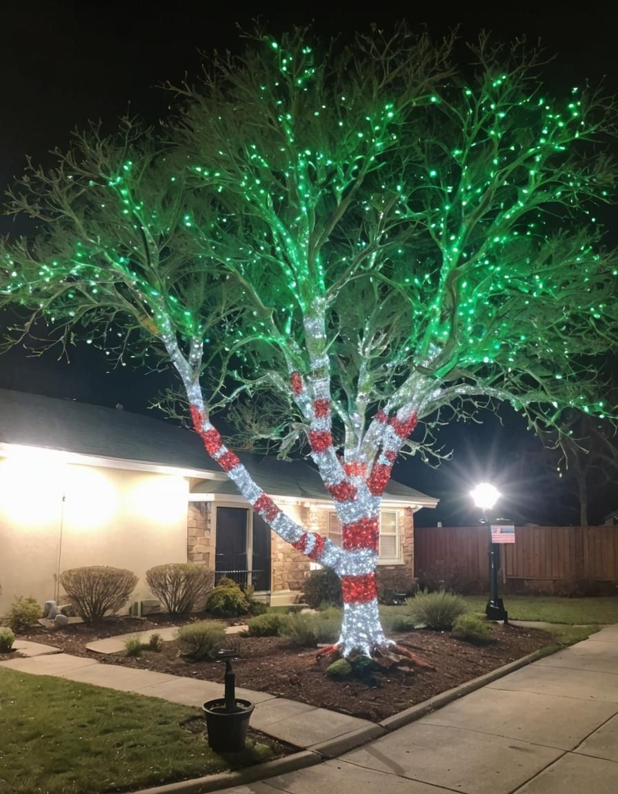 Whimsical Blacklight Tree Wrapped in Colorful Lights