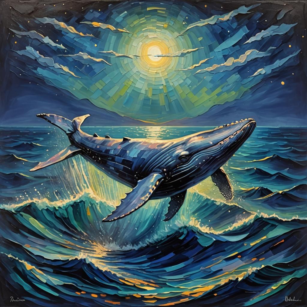 Blue Whale at Night: Expressionist Impasto Painting