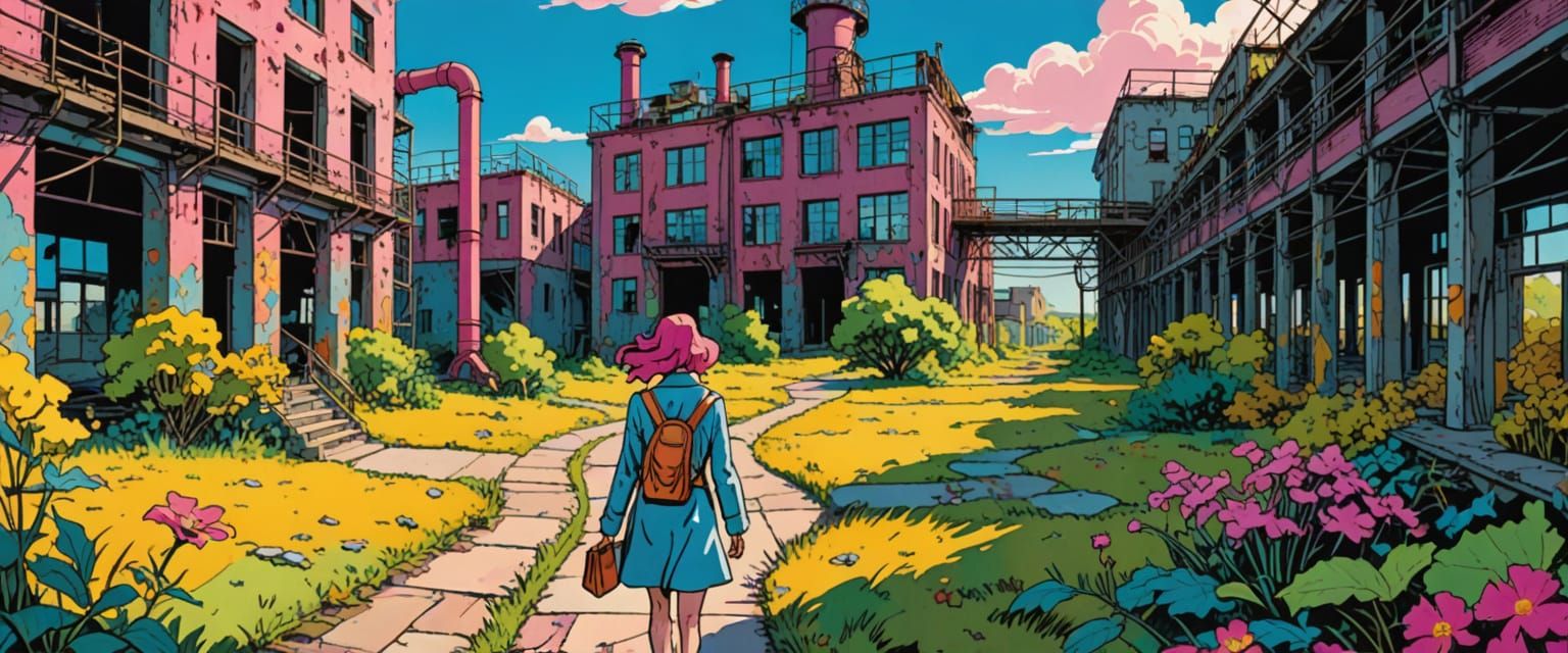 Comic Book Style Industrial Wasteland with Watercolor Gouach...