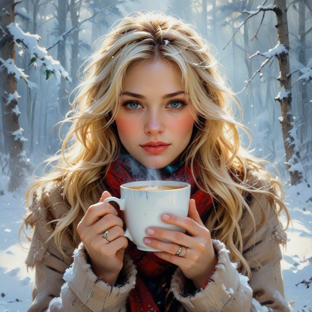 Woman Enjoying Coffee in Snowy Forest Oil Painting