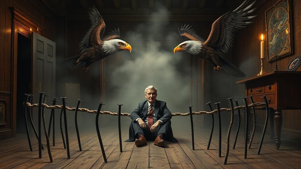 Accountant's Surreal Confinement with Masked Eagles