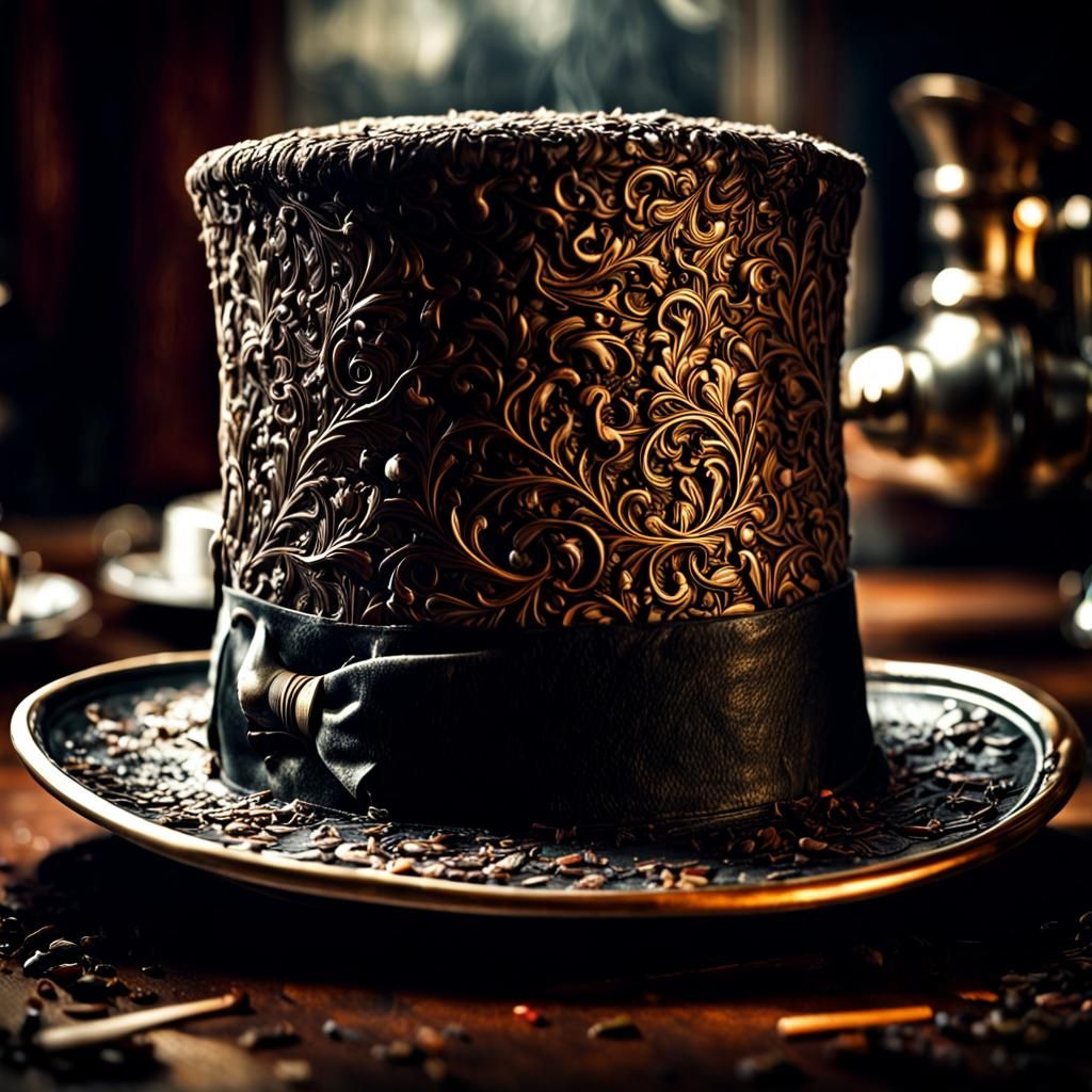Hyperrealistic Top Hat Overflowing with Tea