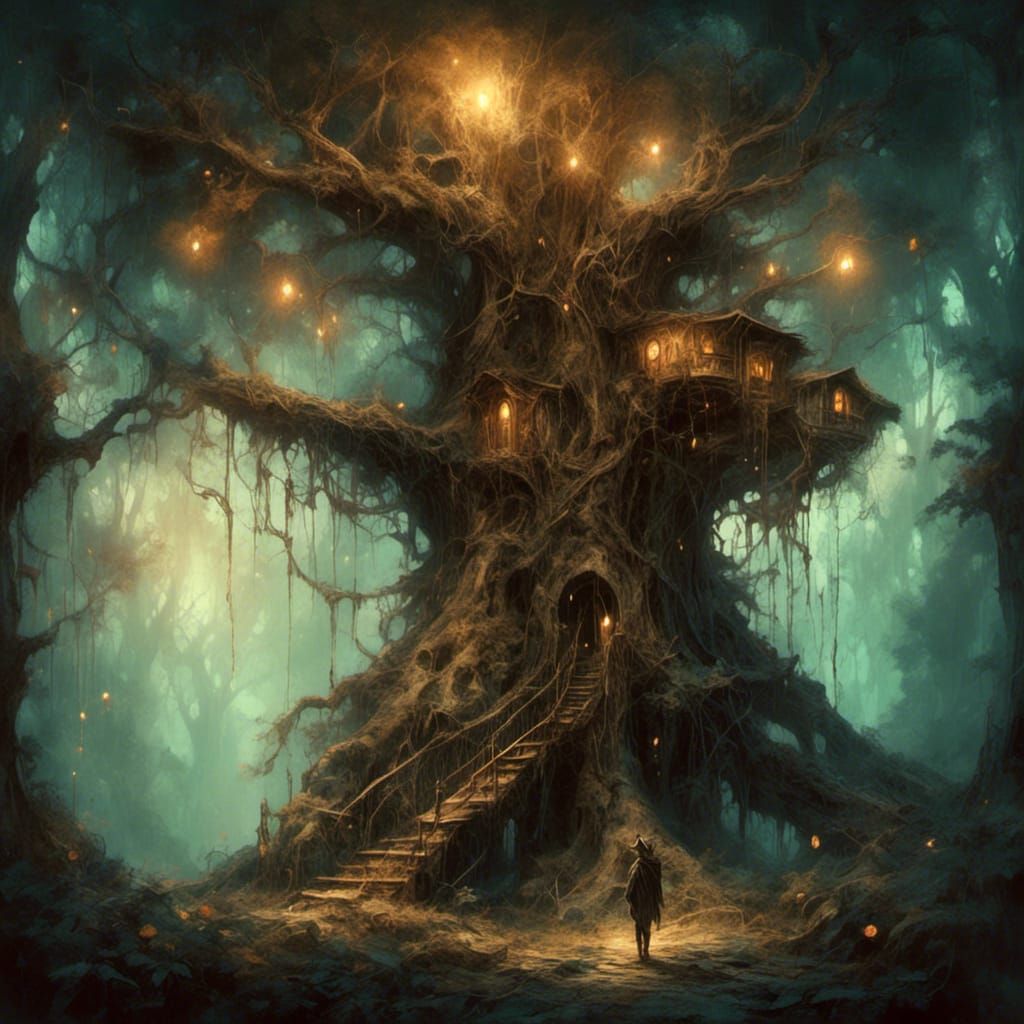 Enchanted Elf Treehouse in a Fantasy Forest