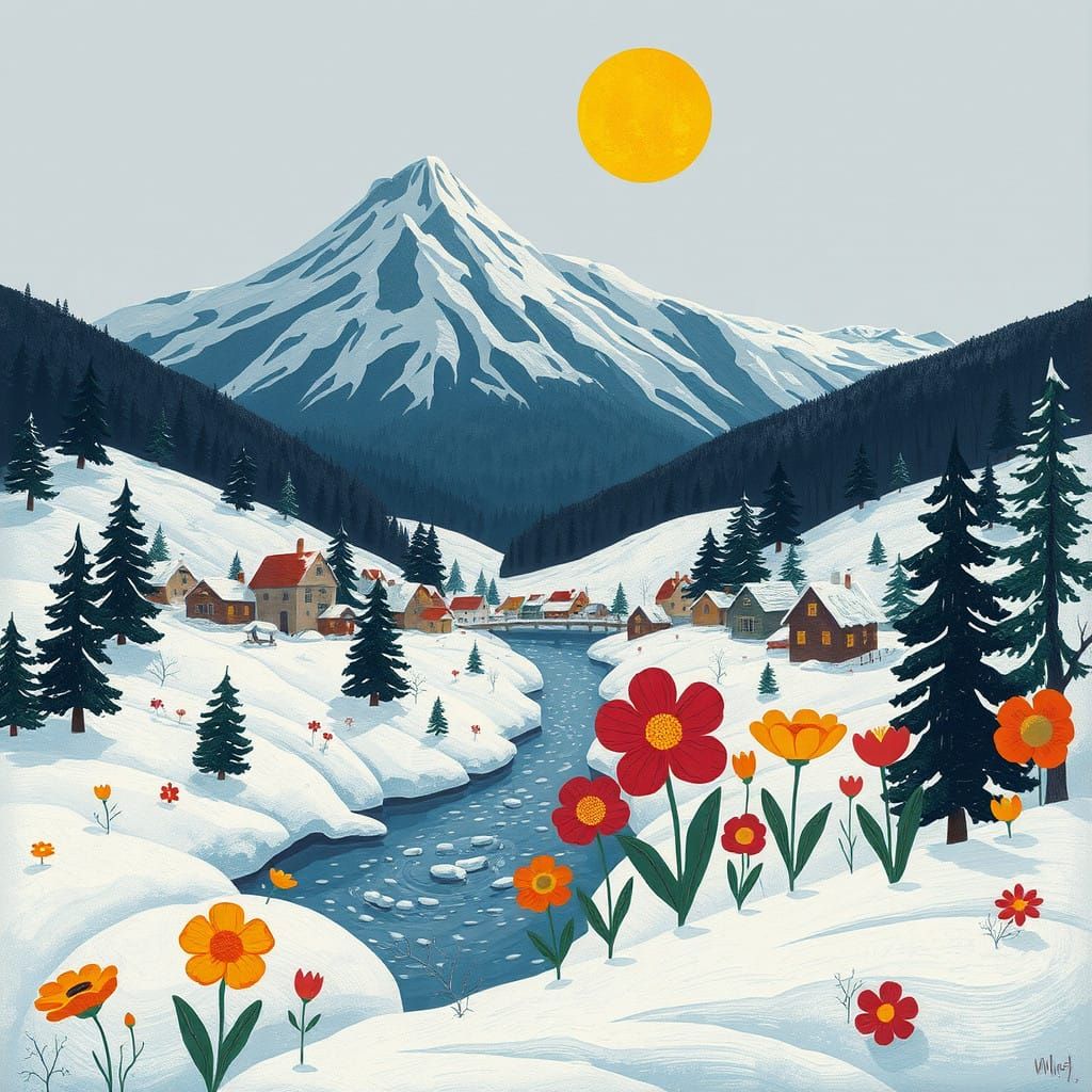 Winter Whimsy Village Scene in Folk Art Style