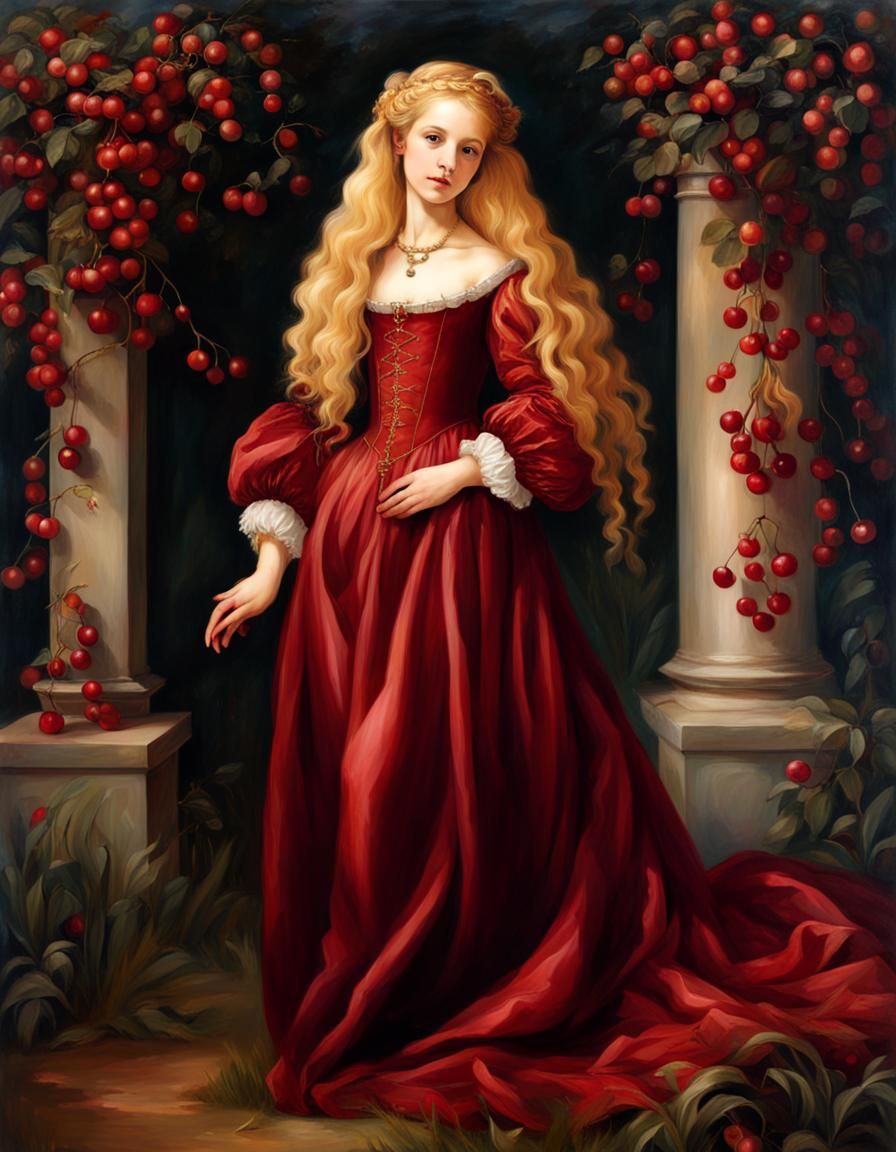 Renaissance Girl with Long Blonde Hair in Garden