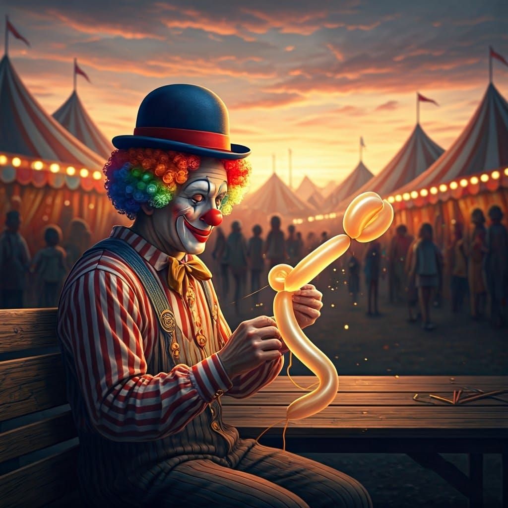 Clown Creates Glowing Balloon Animal in Cyberpunk Style