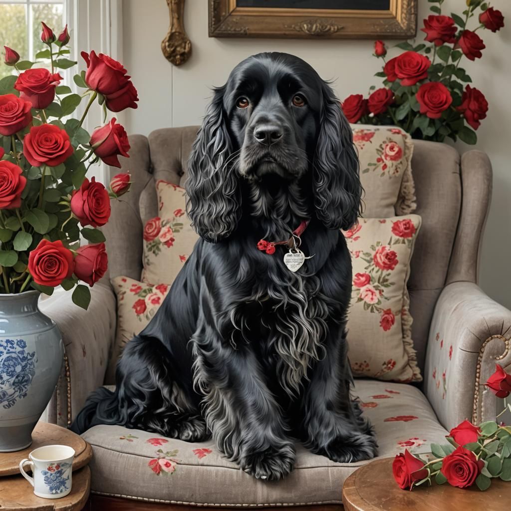 Black Cocker Spaniel in Cosy Cottage Scene