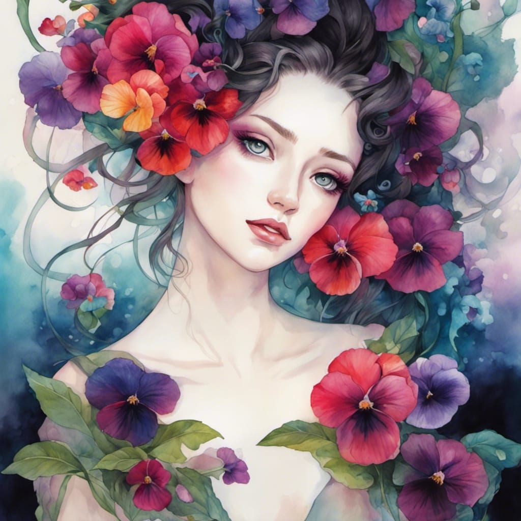 Dreamlike Watercolor Portrait with Pansies