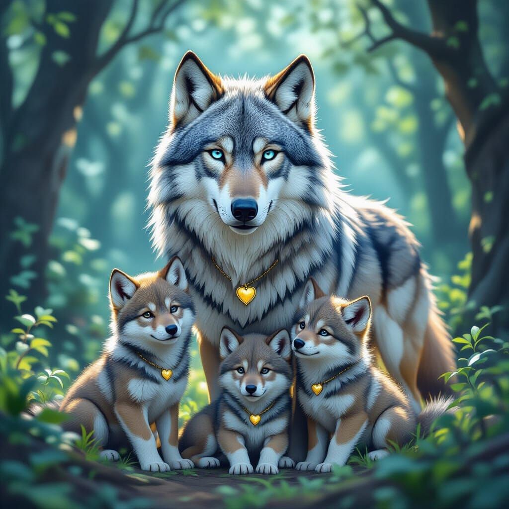 Wolf Family in Enchanted Forest Impasto Painting