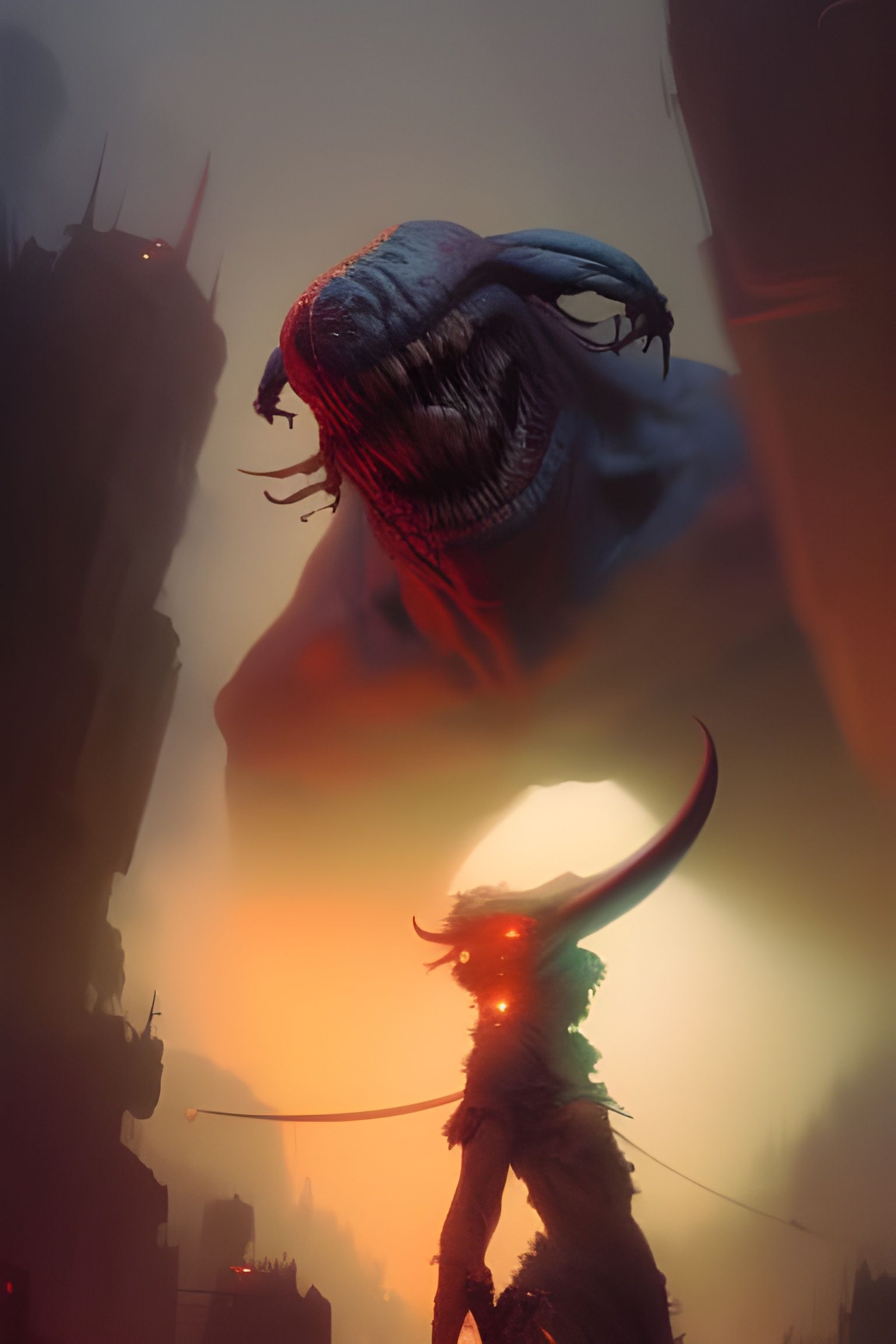 Lovecraftian Eyeball Creature Aerial Attack in Cyberpunk Sty...