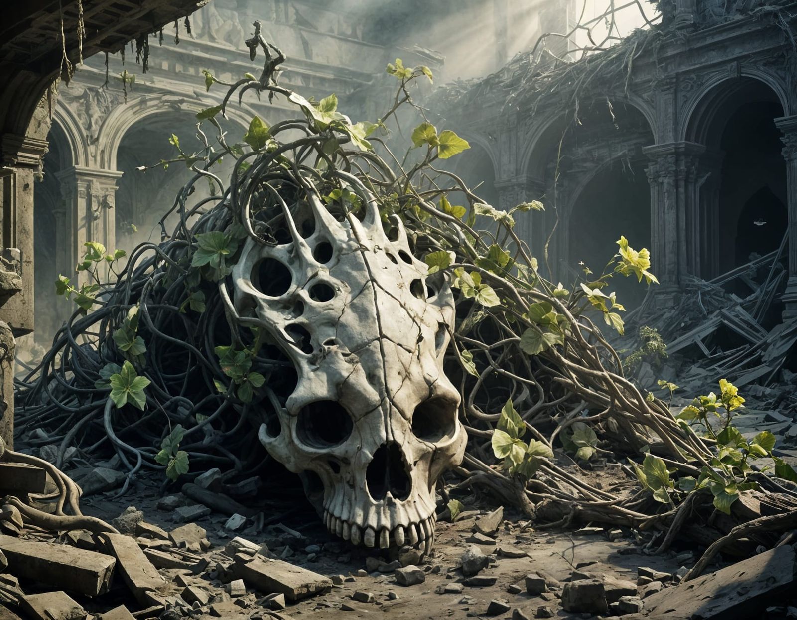 Hopeful Vines Bloom on Dinosaur Skull: Surreal Scene