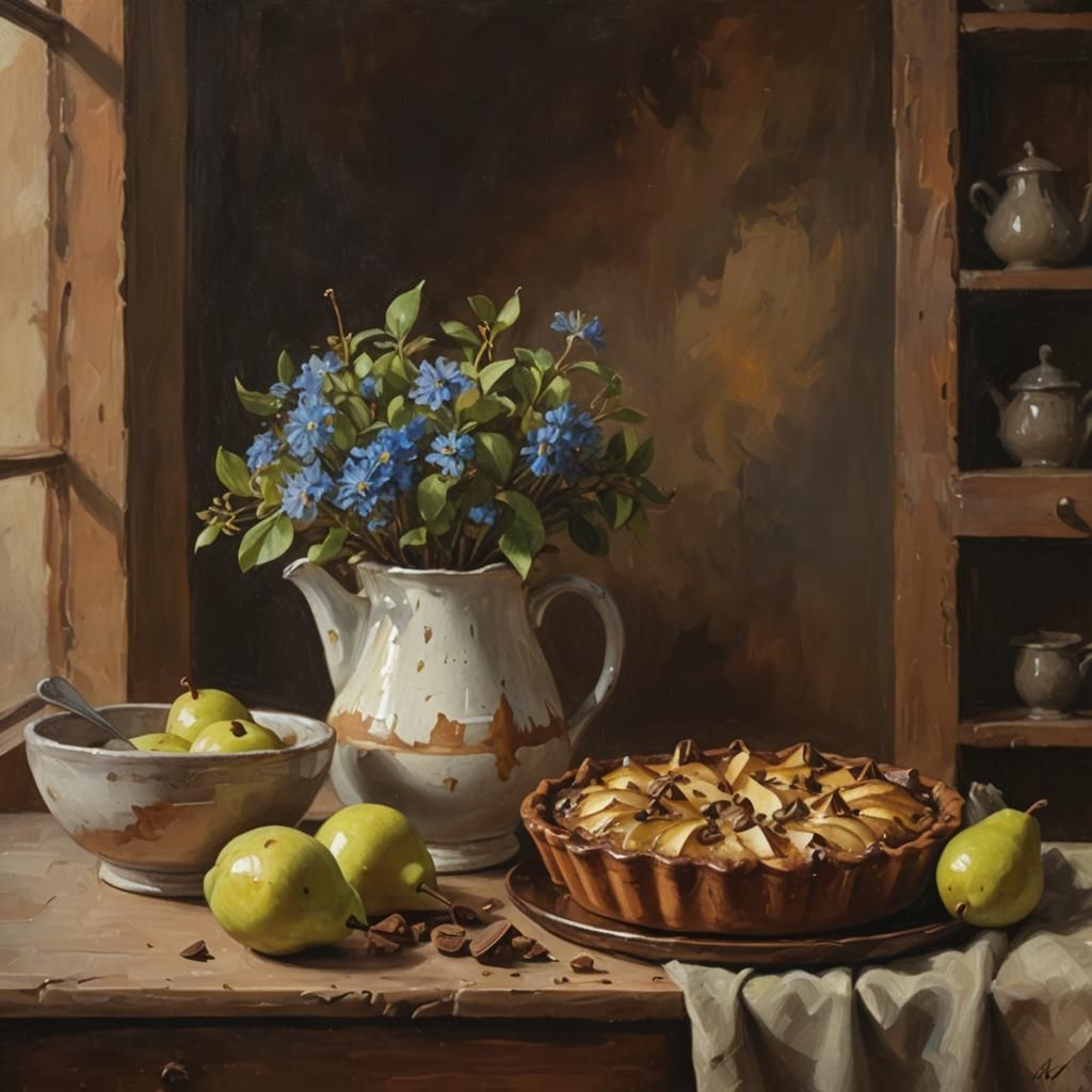 Warm Still Life of Clafoutis as Impasto Painting