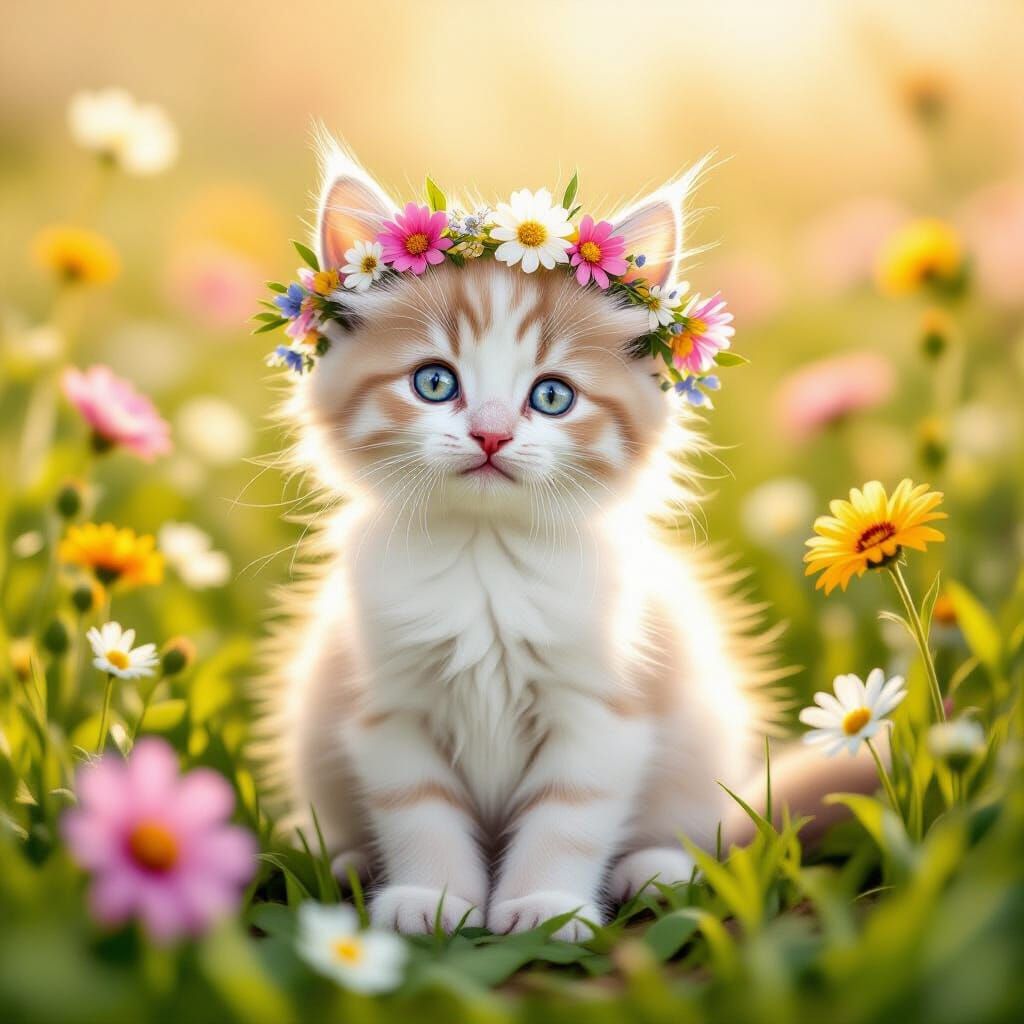 Whimsical Kitten in Wildflower Field, Watercolor Style