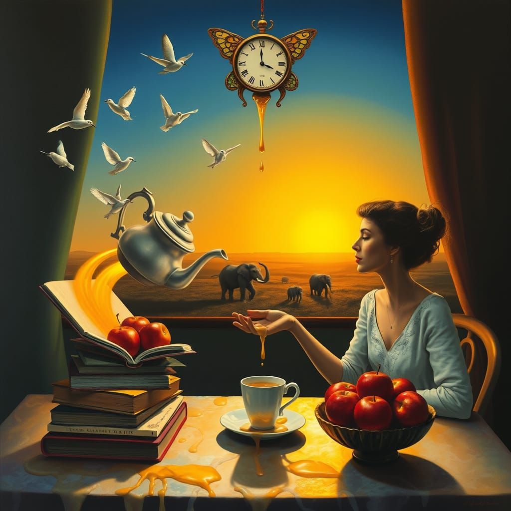 Surreal Dreamscape: Woman's Routine with Dalí-Inspired Eleme...