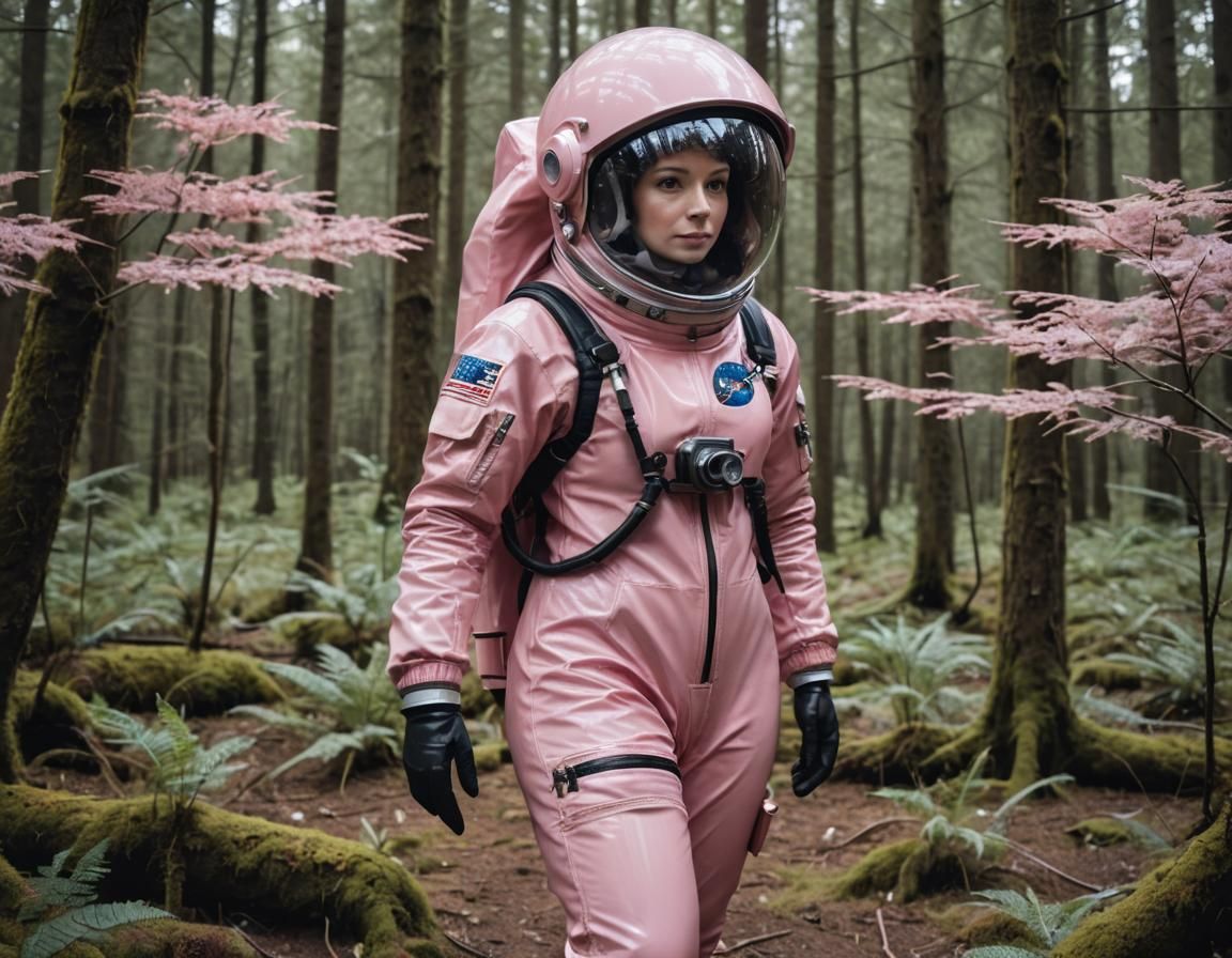 Astronaut in Pink Latex Suit in Dark Forest