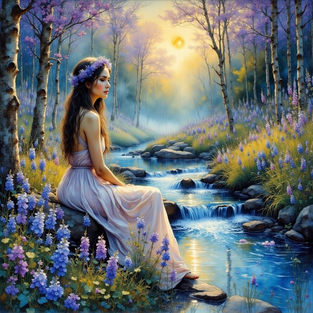 Woman by Stream in Dreamy Golden Hour