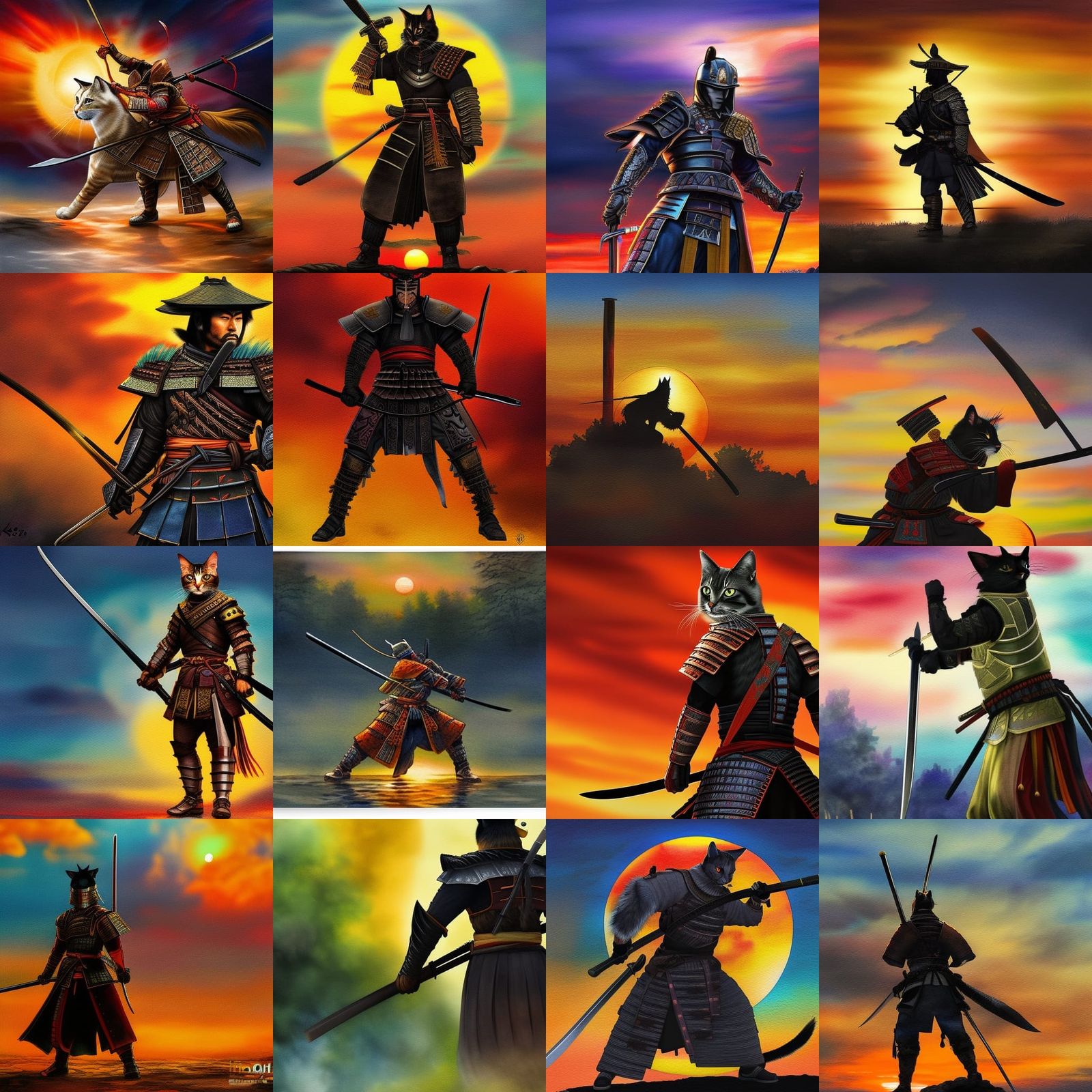 Calico Samurai Cat Warrior Sunset Watercolor