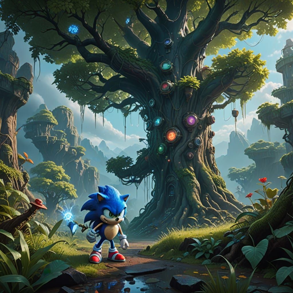 Sonic Hero in Vibrant Dreamlike Landscape