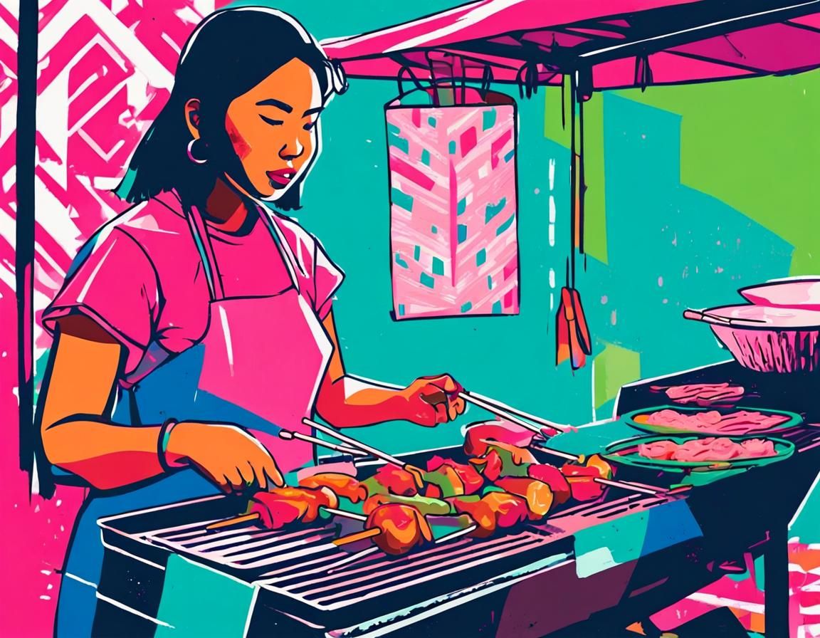Filipino Girl Grilling Kebabs: Risograph-Style Street Food A...