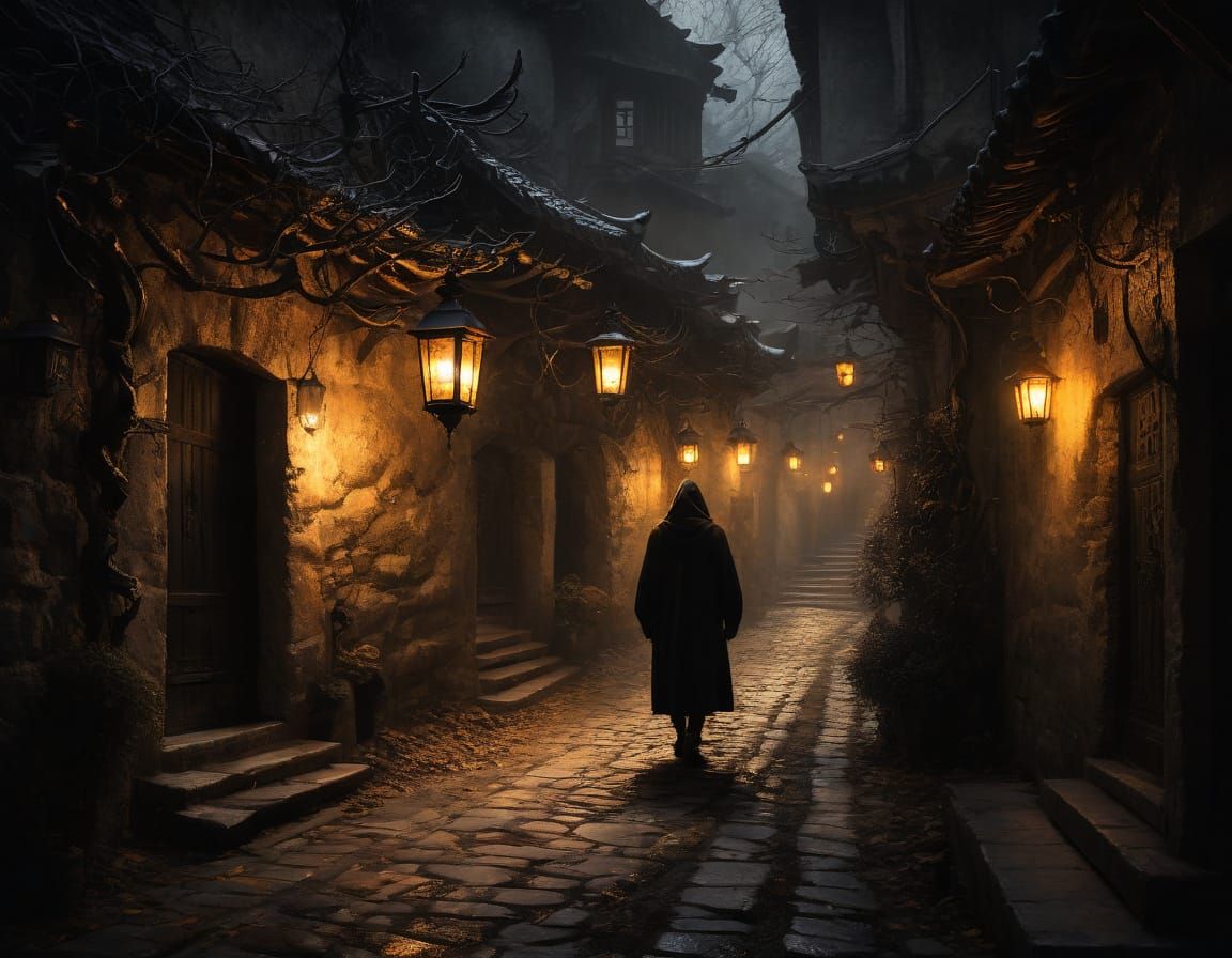 Mysterious Alley of Shadows and Lanterns