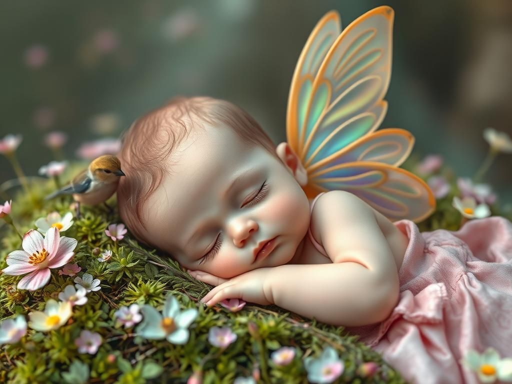 Baby Fairy Sleeping in Moss: Ethereal Digital Art