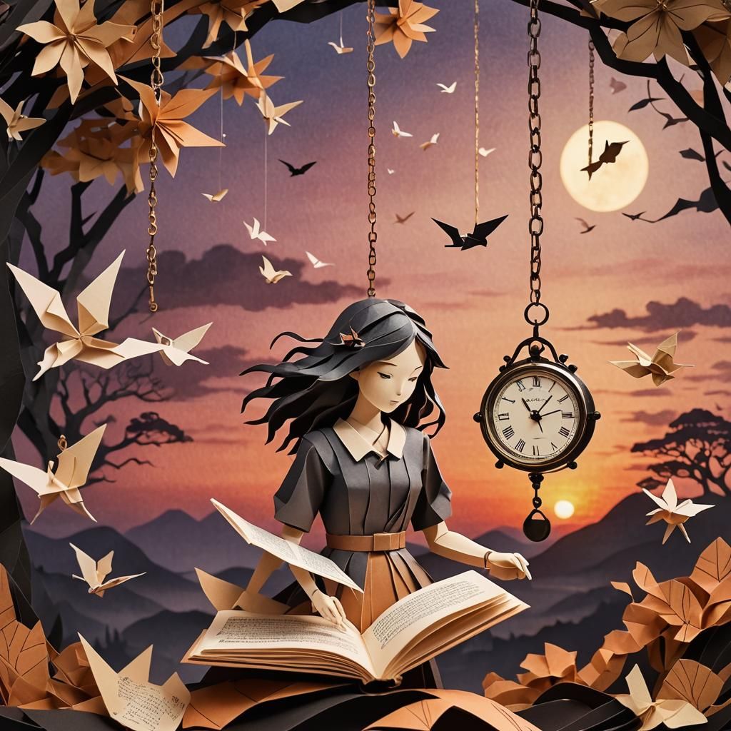 Ethereal Origami Book Suspended at Sunset: Papercraft Art